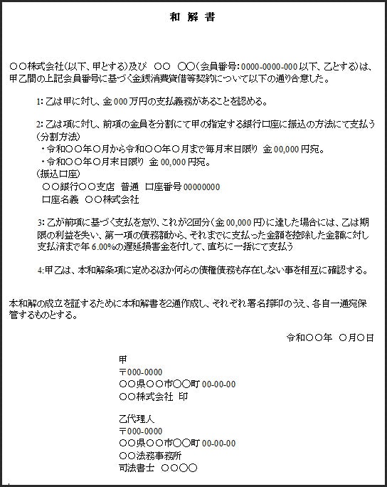 任意整理の和解調書（サンプル）